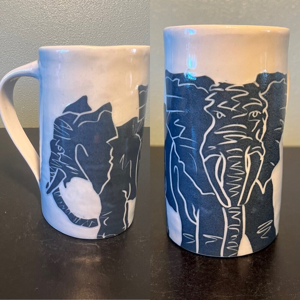 Handcrafted  Embossed Elephant Pottery Mug with Sgraffito Style Woodcut Look